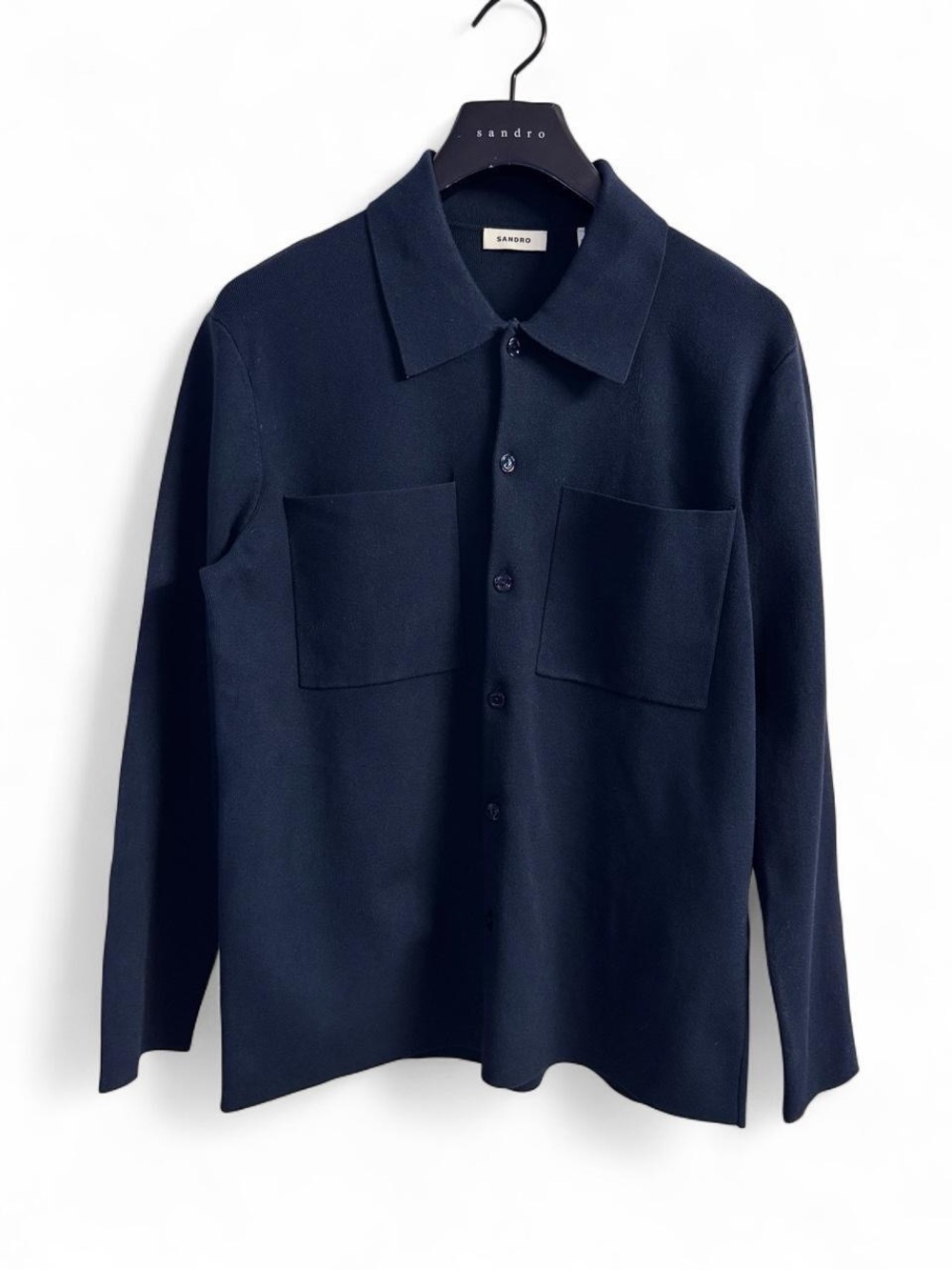 Sandro Dark Navy Button-Front Knit Shirt with Patch Pockets